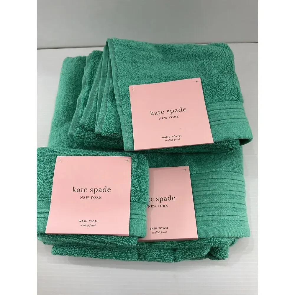 Kate Spade NY Green Fer Scallop Pleat Piece Soft Towel Set Bath, Wash, And Hand